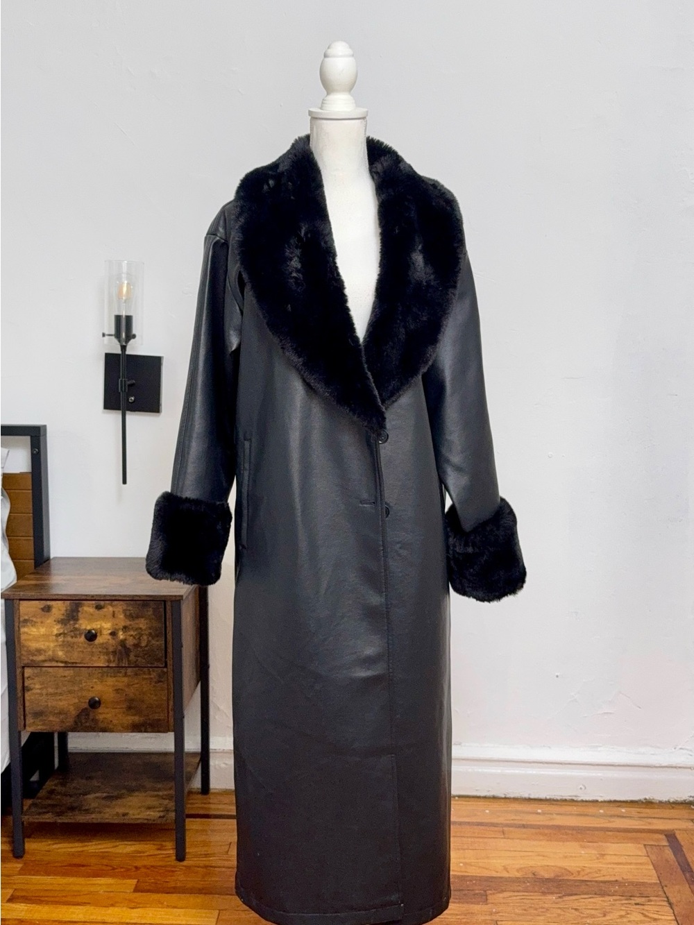 White Fox Boutique Black Faux Leather Long Trench Coat with Faux Fur Trim